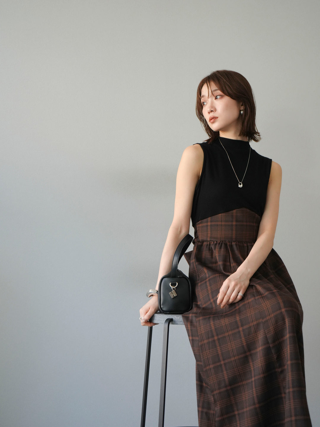 [予約]テレコ×チェックドッキングノースリワンピース/ブラック×ブラウン
