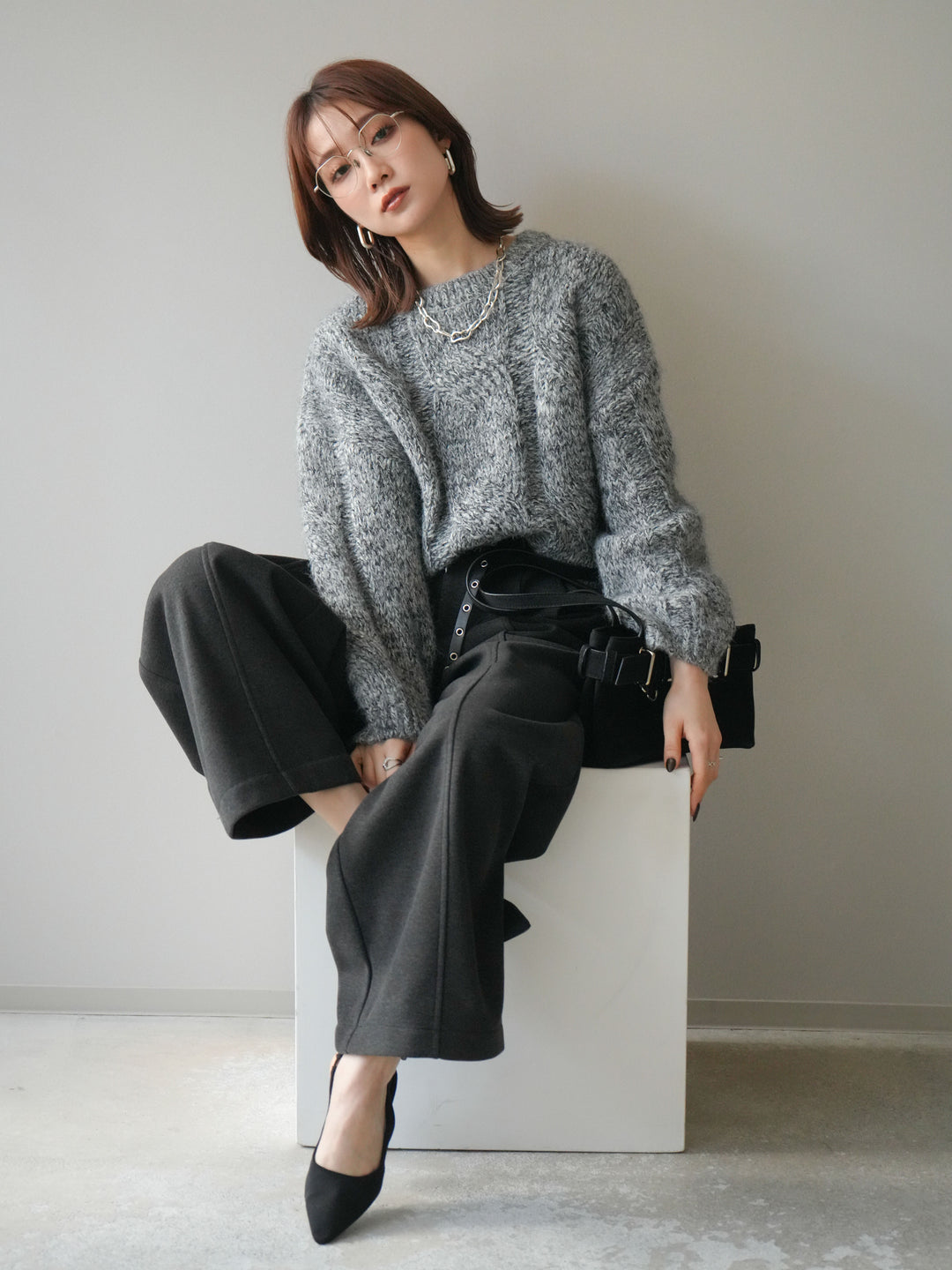 [予約]ワイドケーブルミックスニットプルオーバー/gray