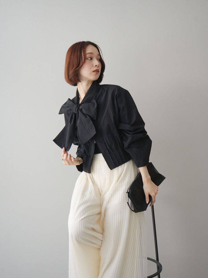 [SET]ボウタイ裾プリーツライトジャケット+ストライプチュールボリュームバギーパンツ(2set)