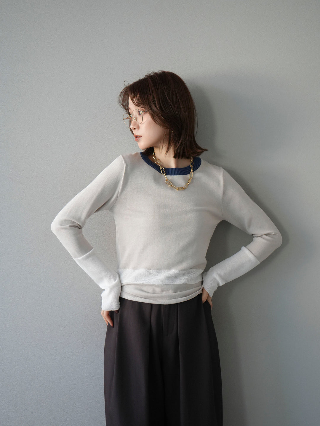 [予約]異素材配色デザインニットトップス/アイボリー