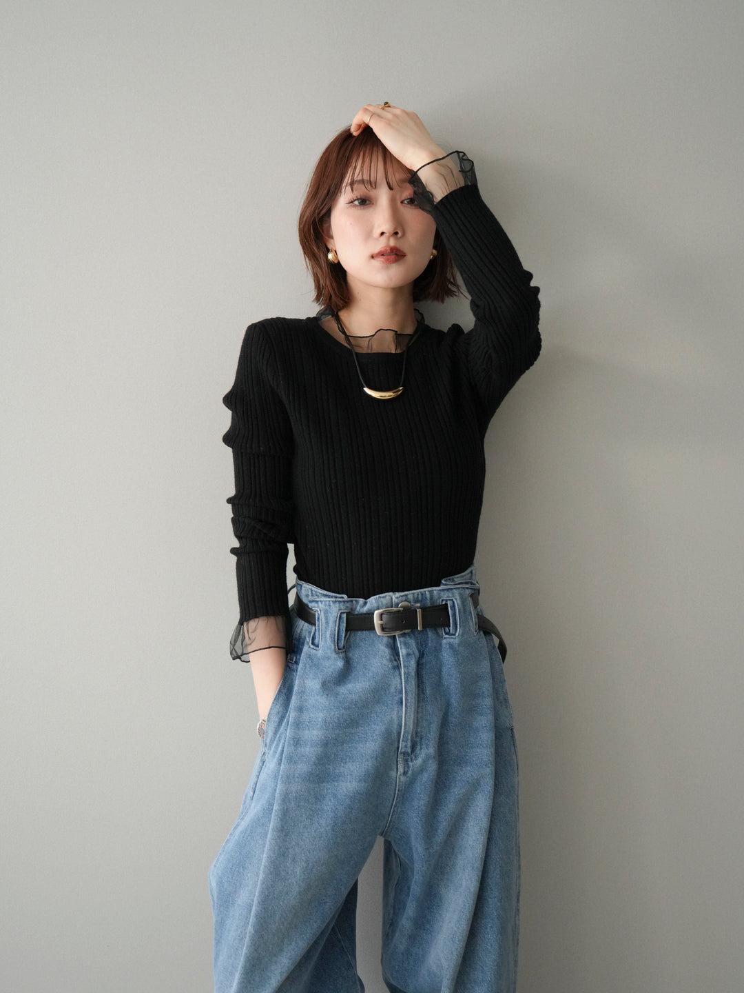 [SET]チュールドッキングリブニットトップス+ハイウエストベルトループデザインデニムパンツ(2set)