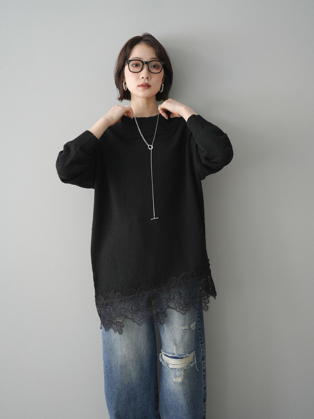 [SET]アシンメトリーレースヘムニットプルオーバー+アシンメトリーレースヘムニットプルオーバー(2set)