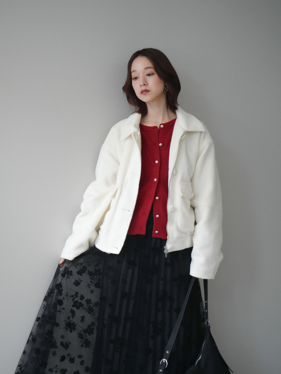 [SET]ウールライクフライトジャケット+フラワーフロッキーチュールプリーツスカート(2set)