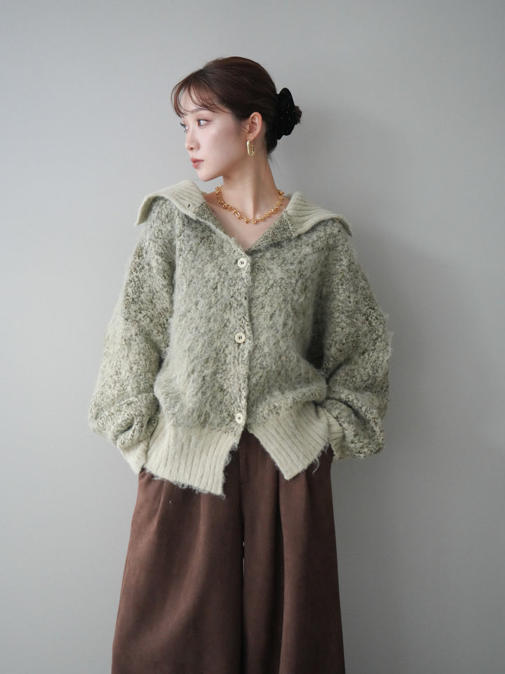 [SET]リブ切替メランジニットカーディガン+モチーフベルト付スエードタックワイドパンツ(2set)