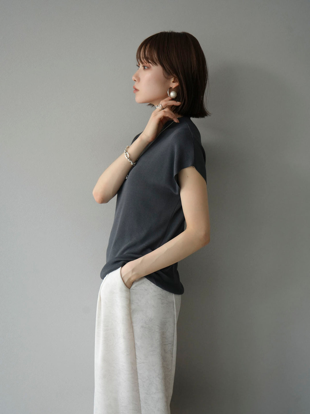 [Pre-order] Petite Neck Side Shirring Summer Knit Top/Gray