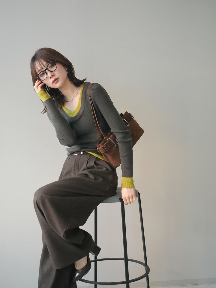 [予約]Uネック配色レイヤードリブニットトップス/gray