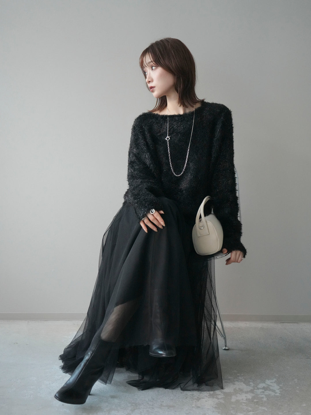 [予約]ラメシャギードルマンニットプルオーバー/black