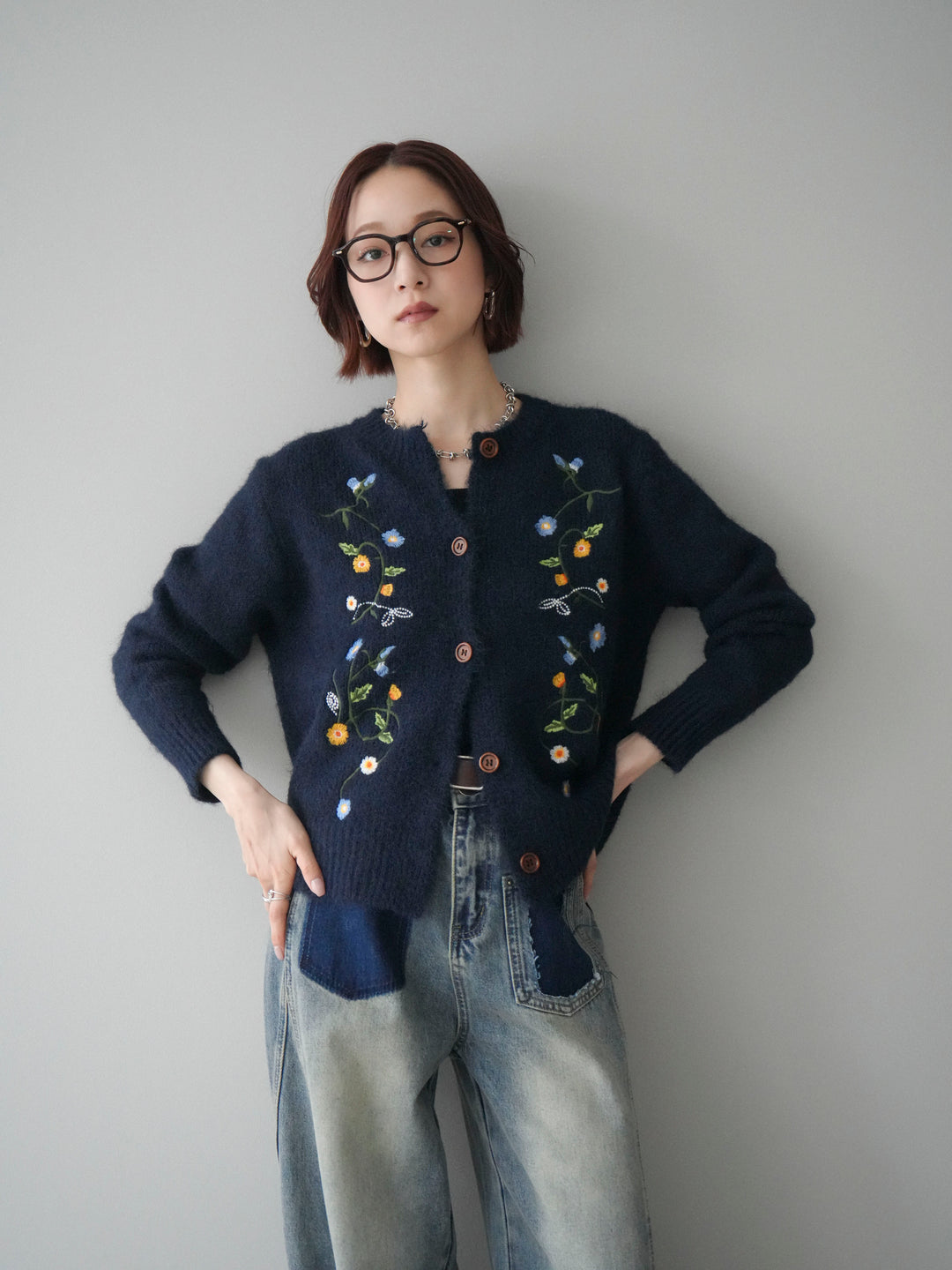 [予約]フラワー刺繍ニットカーディガン/blue