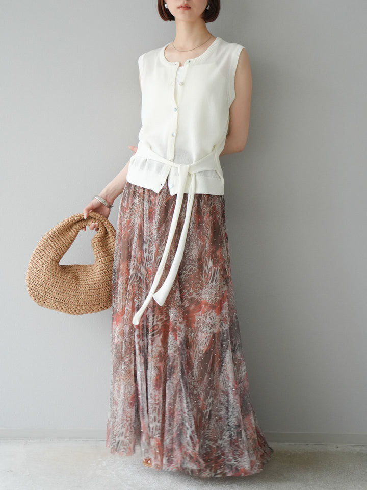 [予約]ニュアンス柄チュールレイヤードプリーツスカート/ブラウン