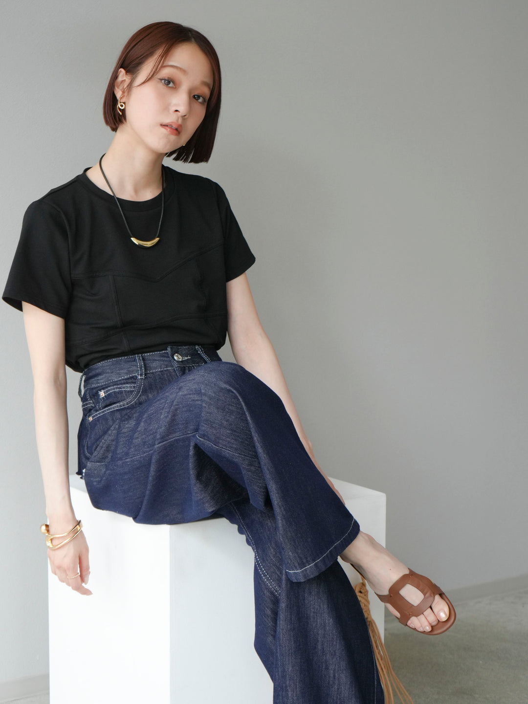 [SET]ビスチェデザインTシャツ+ヒップデザインデニムパンツ(2set)