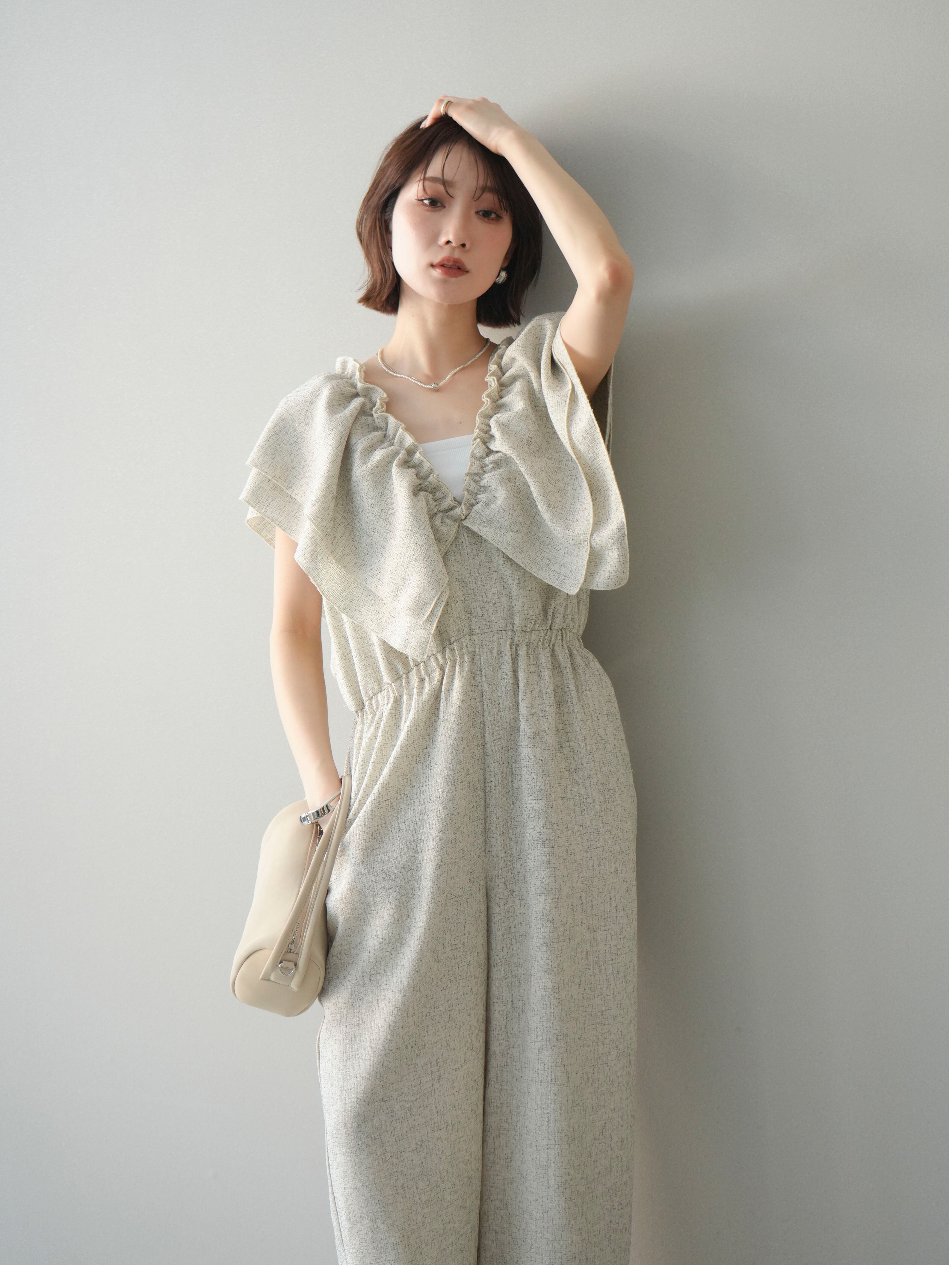 SET]3WAYミックスツイードギャザーオールインワン+選べるアクセセット