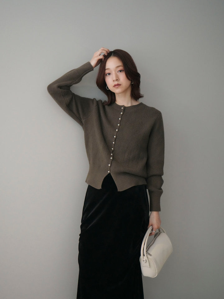 [SET]シルバーボタン畦編みニットカーディガン+ギャザーベロアスカート(2set)