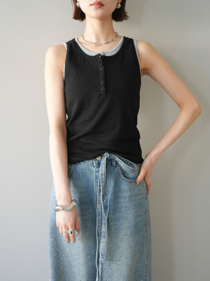 [SET]配色リブヘンリータンクトップ+ウエストベルトビジューワイドデニムパンツ(2set)
