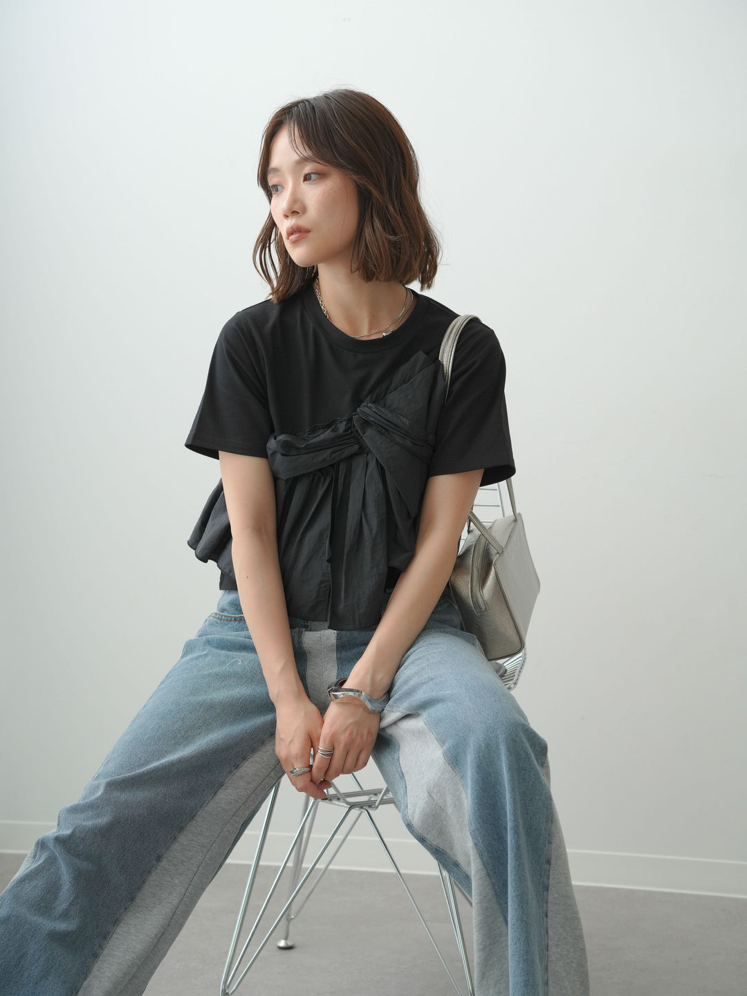 [SET]ナイロンドッキングツイストTEE +デニム切替スウェットパンツ(2set)