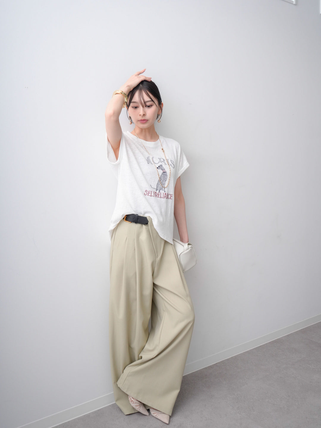 [SET]ドッグエンブロイダリーTEE+アシンメトリーベルトタックワイドパンツ(2set)