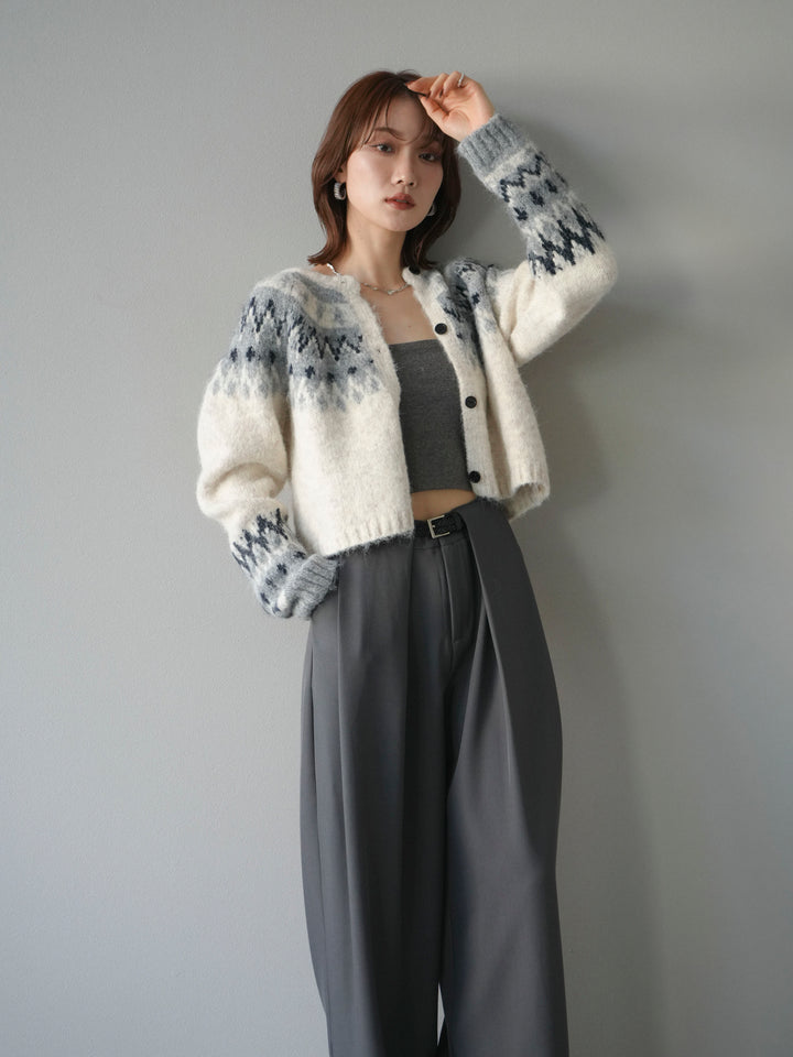 【着回しセット】[SET]求心柄クロップドニットカーディガン+異素材ミックスヤーンニットプルオーバー+ベルトループデザインワイドパンツ(3set)