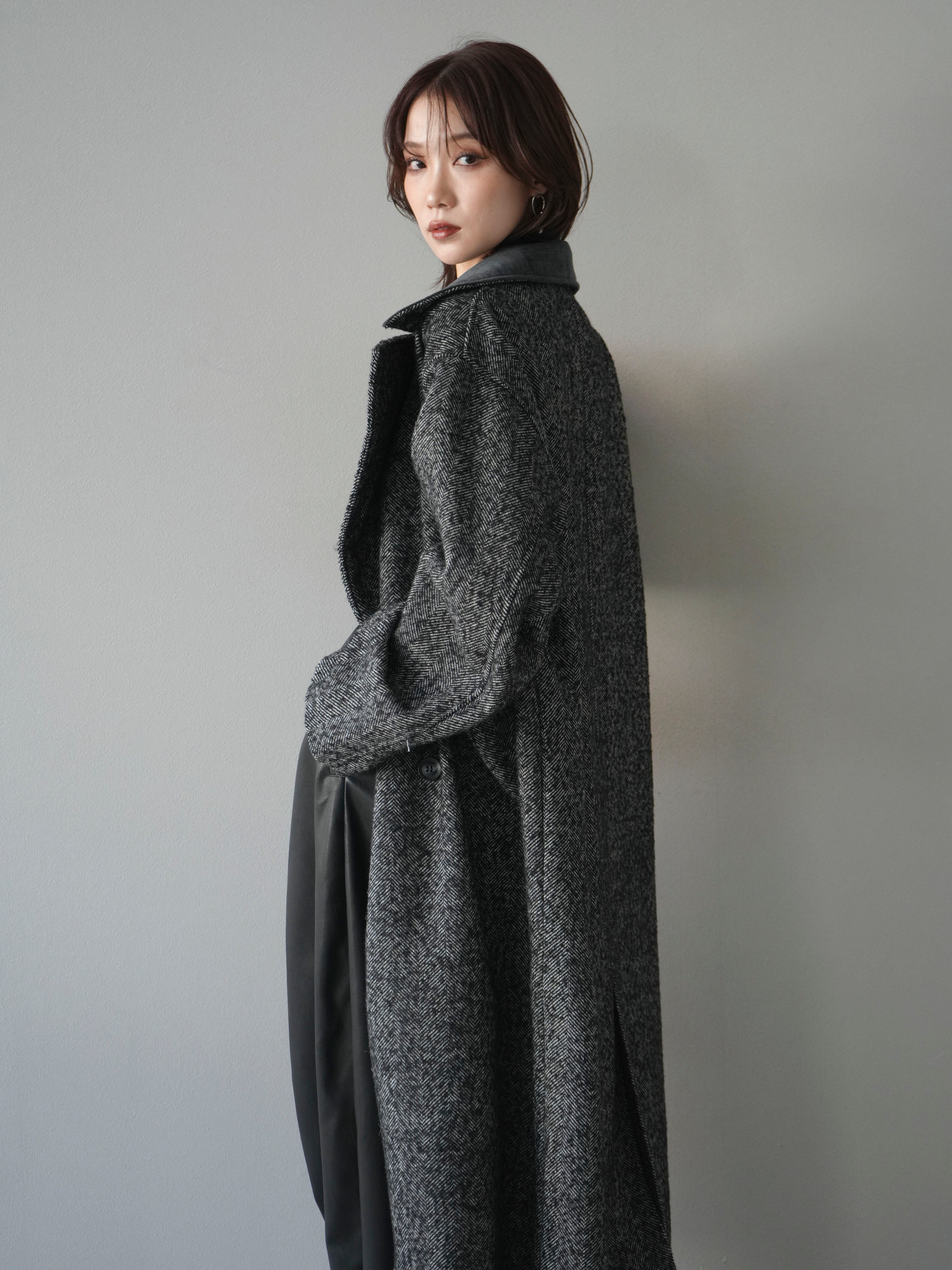 ネップヘリンボーンレザー襟チェスターコート　ブラック　lumier 予約]ネップヘリンボーンレザー襟チェスターコート/charcoal – Lumier