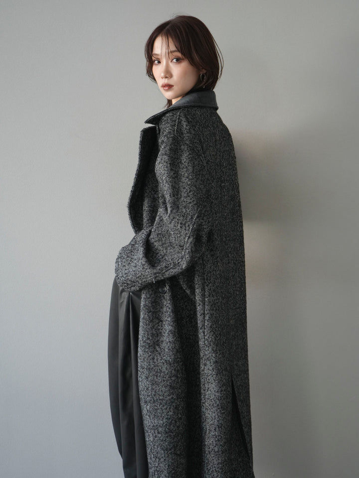 [予約]ネップヘリンボーンレザー襟チェスターコート/charcoal