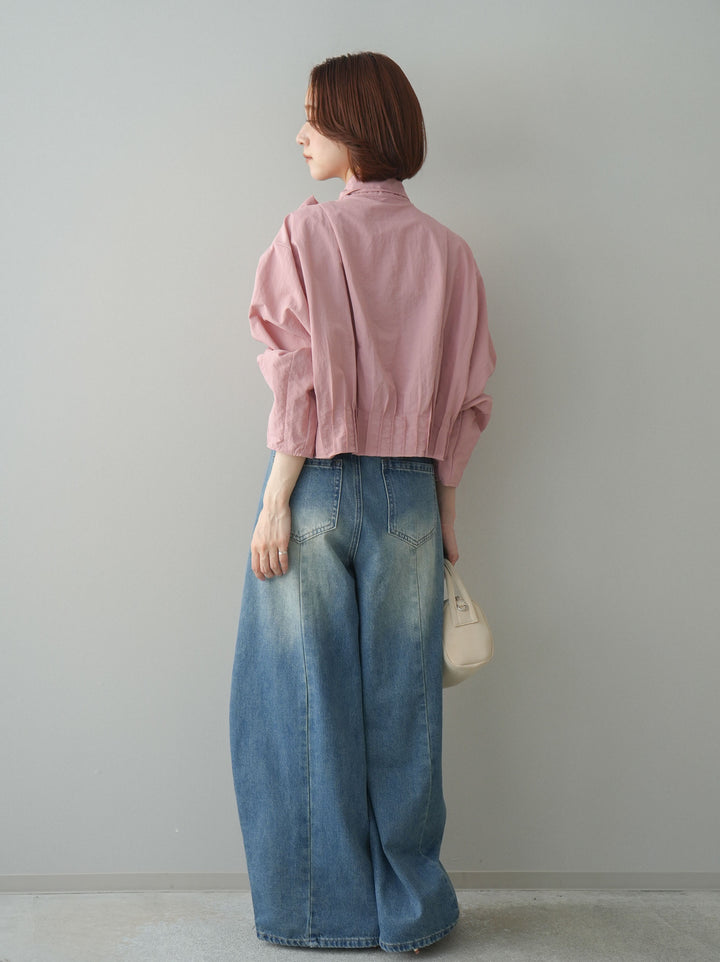 [SET]ボウタイ裾プリーツライトジャケット+フロントビジューカーブデニムパンツ(2set)