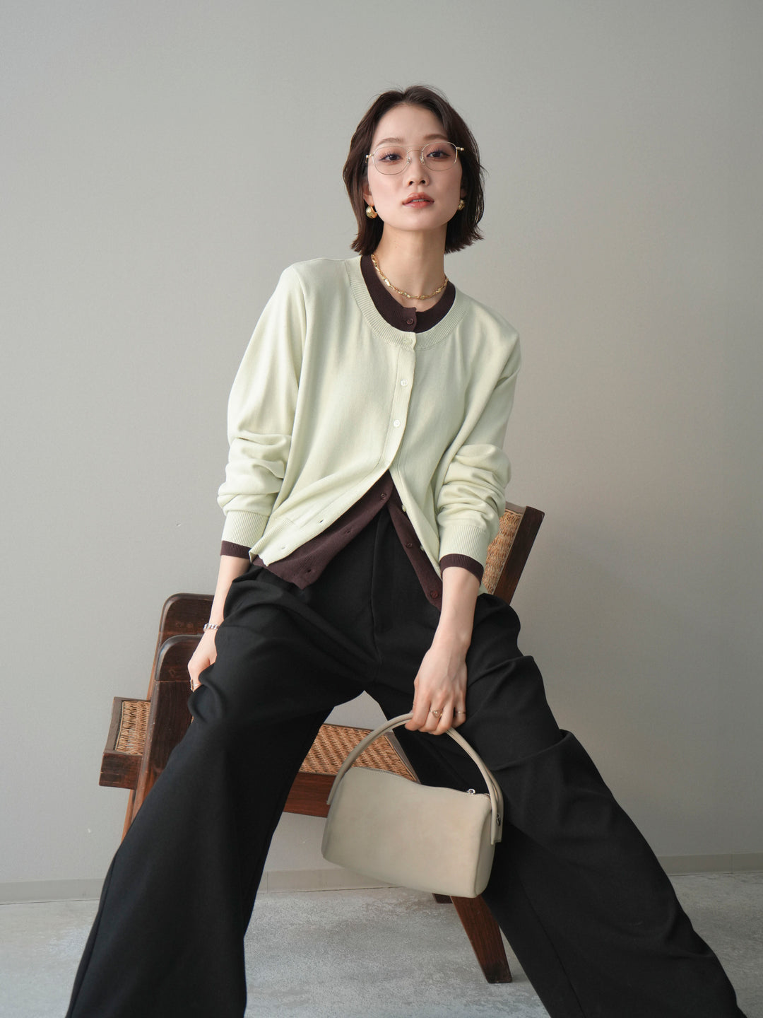 [予約]配色レイヤードコットンアクリルニットカーディガン/mint