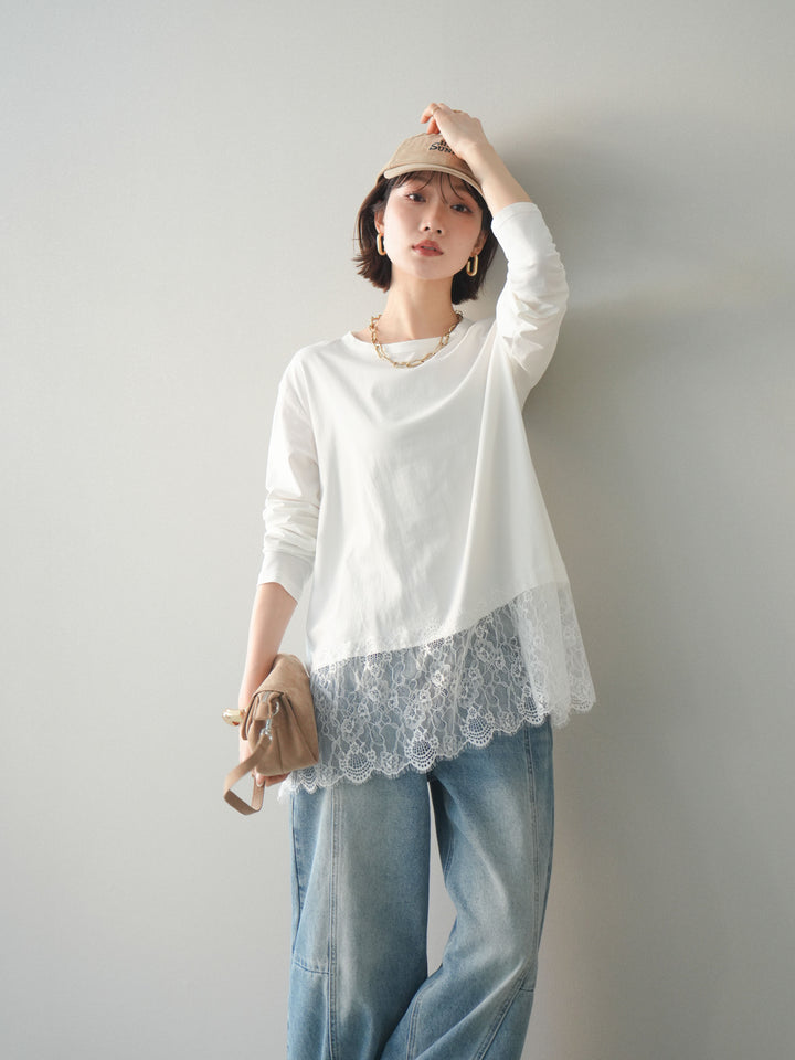 [SET]裾レースロングスリーブTシャツ+選べるアクセセット(2set)