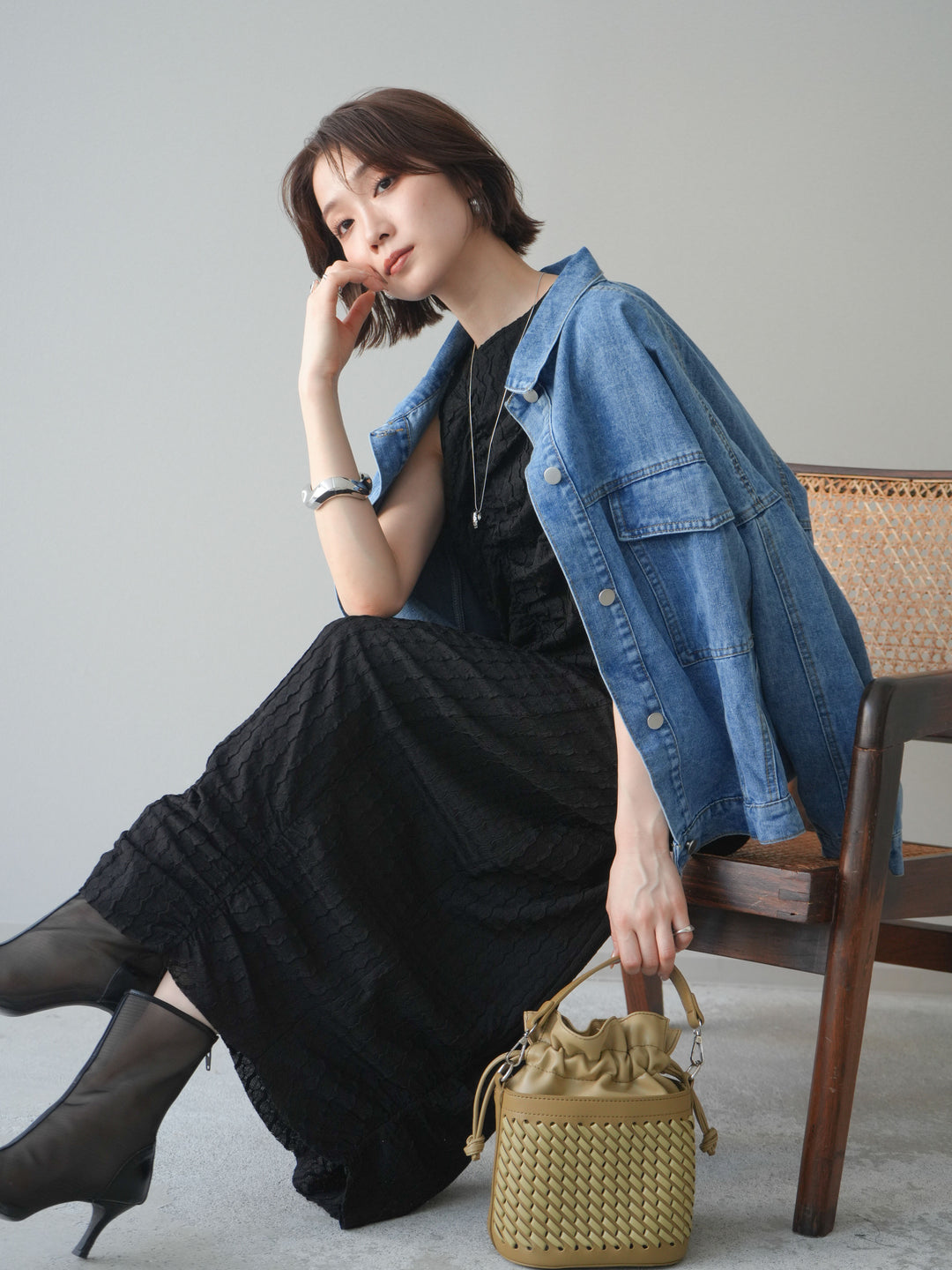 [予約]シャーリングジャガードノースリーブワンピース/black