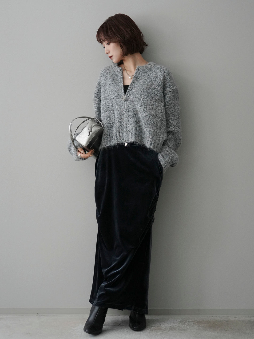 [SET]ミックスヤーンダブルZIPニットカーディガン+ギャザーベロアスカート(2set)