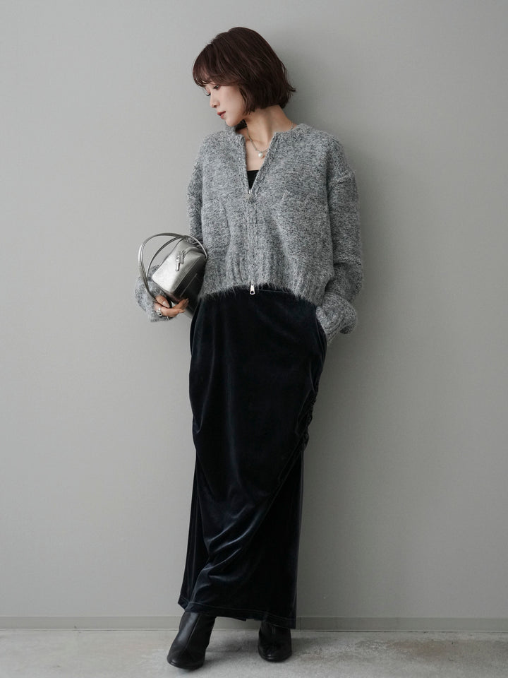 [SET]ミックスヤーンダブルZIPニットカーディガン+ギャザーベロアスカート(2set)