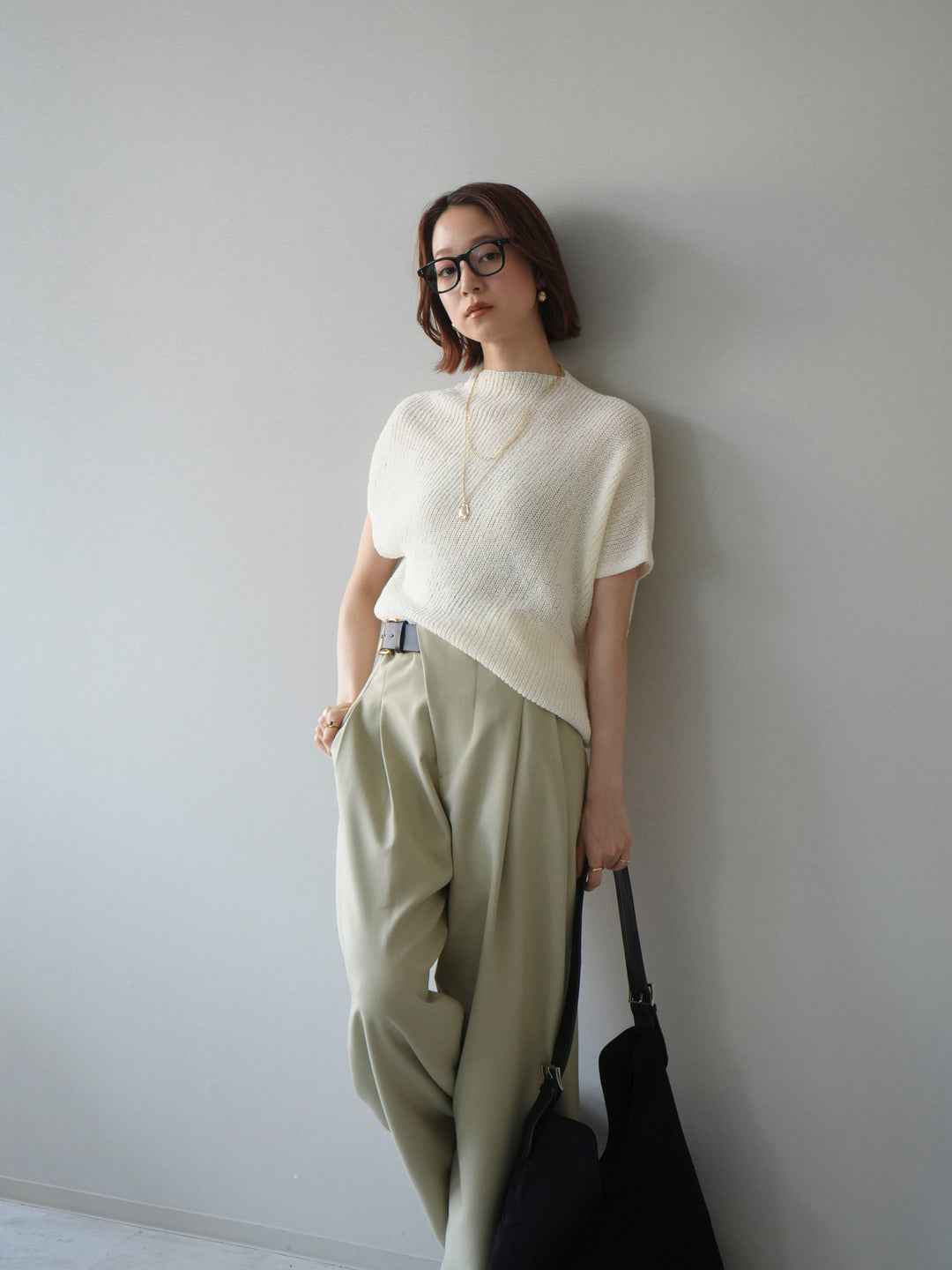 [SET]アシンメトリーローゲージニットトップス+アシンメトリーベルトタックワイドパンツ(2set)