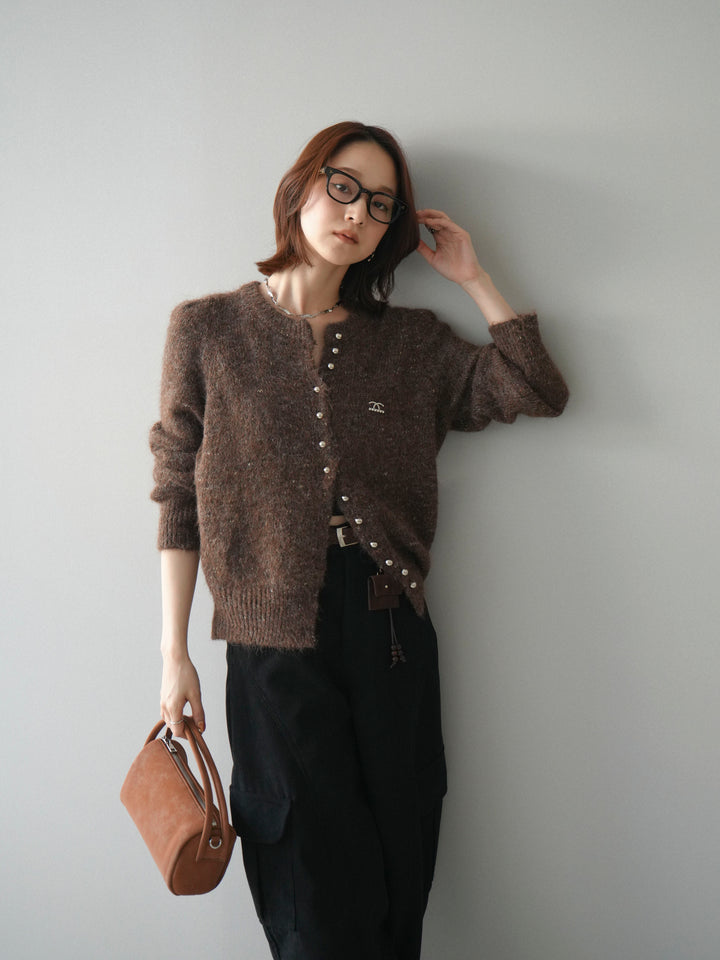 [SET]ブローチ付silverボタンミックスニットカーディガン+選べるアクセセット(2set)