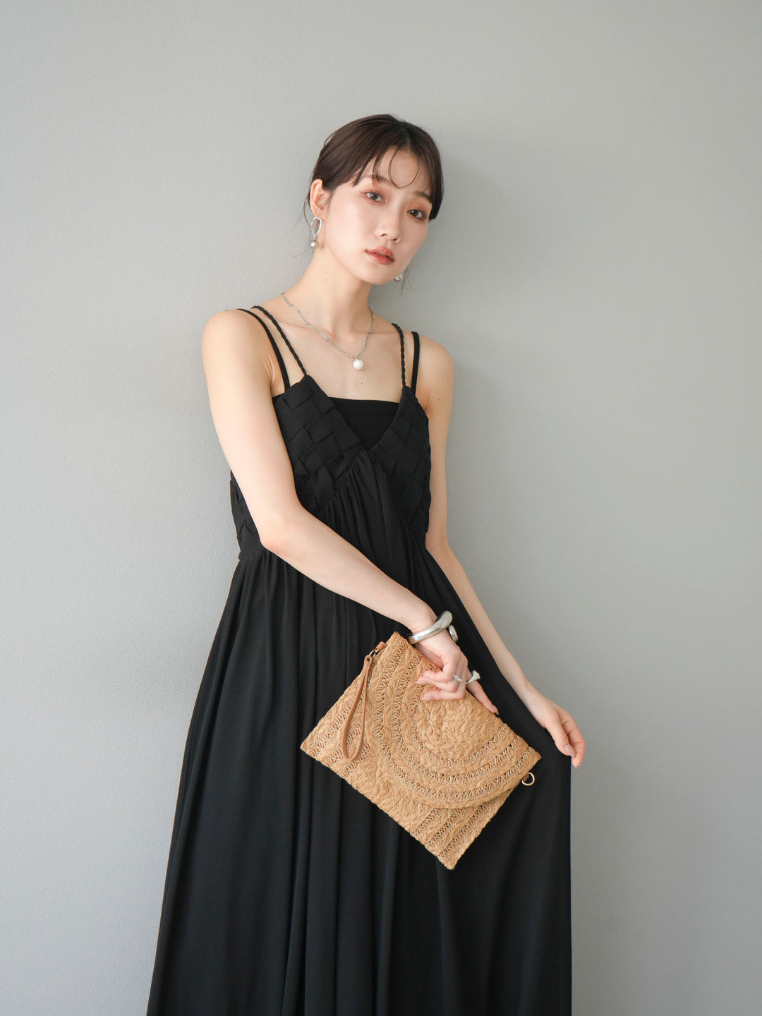 [SET]編み込みデザインシフォンワンピース+カップ付テレコリブベアキャミソール(2set)