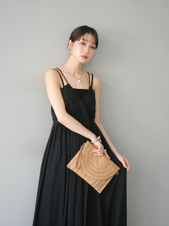 [SET]編み込みデザインシフォンワンピース+カップ付テレコリブベアキャミソール(2set)