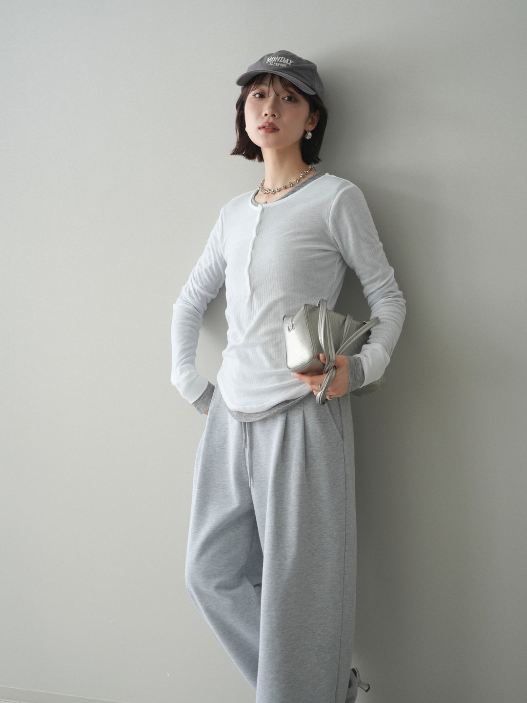 [予約]シアーリブヘンリーネックロンT/white