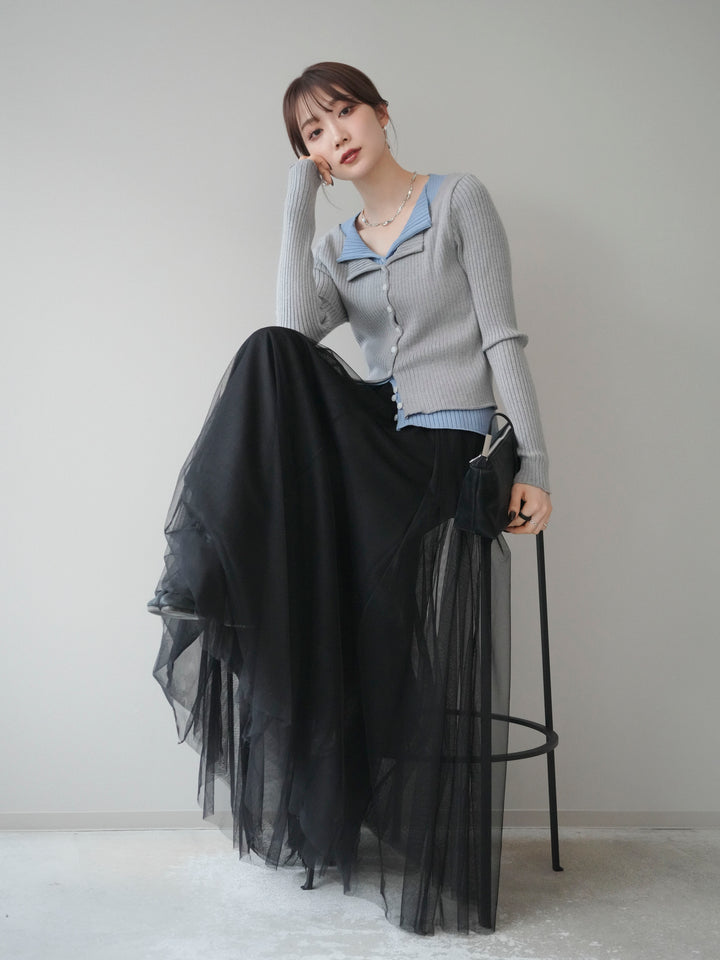 [予約]配色レイヤードリブニットカーディガン/gray