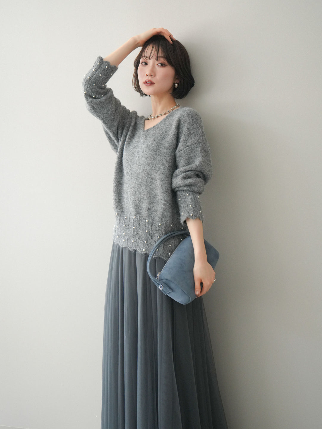 [SET]パールフリルリブヘムニットプルオーバー+選べるアクセセット(2set)