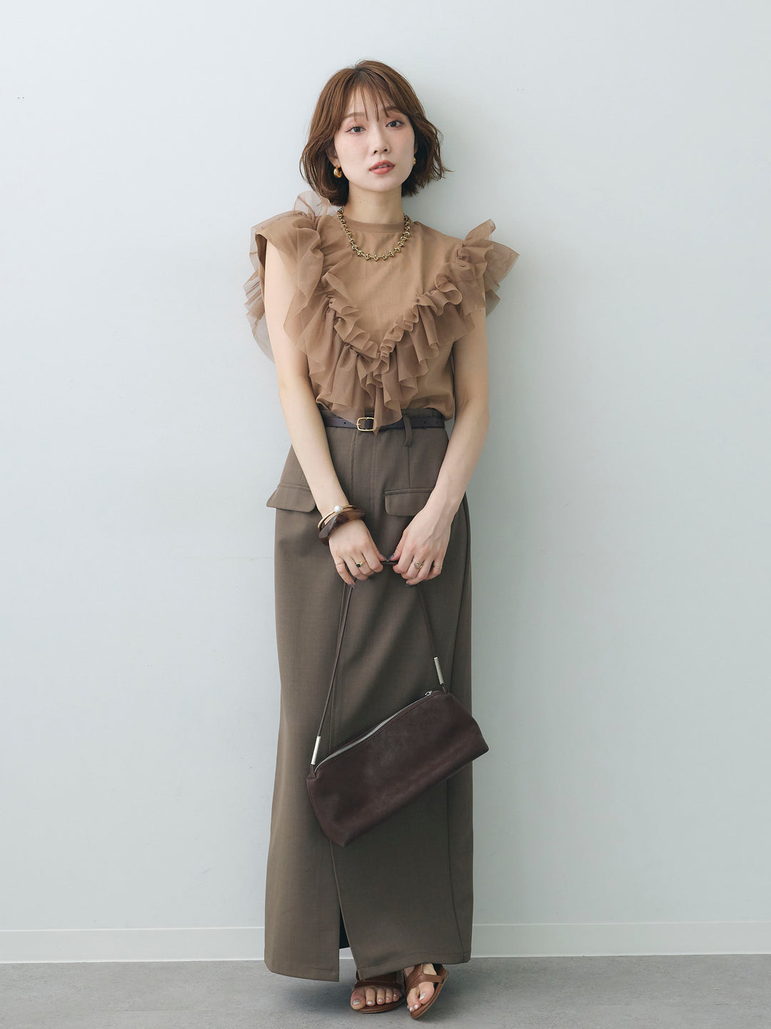 [SET]マルチwayフリルフレンチTEE+クレープデシンフラップ付きストレートスカート(2set)