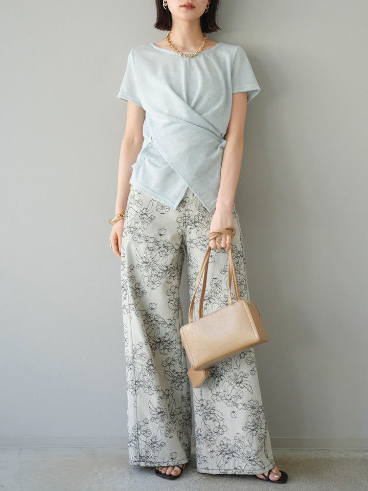 【預購】花朵提花牛仔寬褲/黑