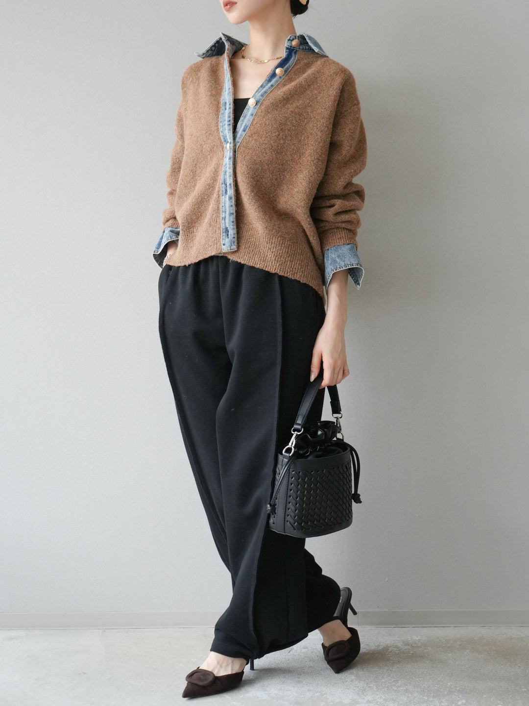 【着回しセット】[SET]デニム襟ボタンニットカーディガン+デニム襟ボタンニットカーディガン+2WAYデザインスウェットパンツ(3set)