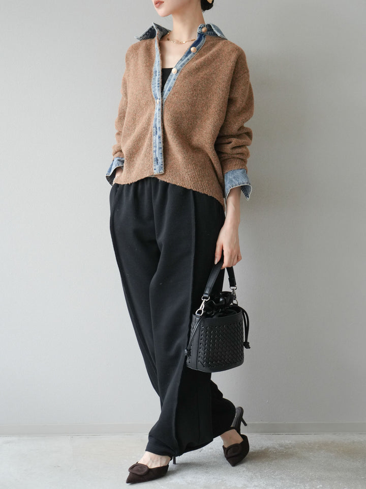 【着回しセット】[SET]デニム襟ボタンニットカーディガン+デニム襟ボタンニットカーディガン+2WAYデザインスウェットパンツ(3set)