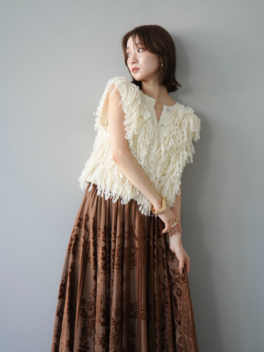 [SET]フリンジループニットベスト+アンティーク柄フロッキーマキシスカート(2set)