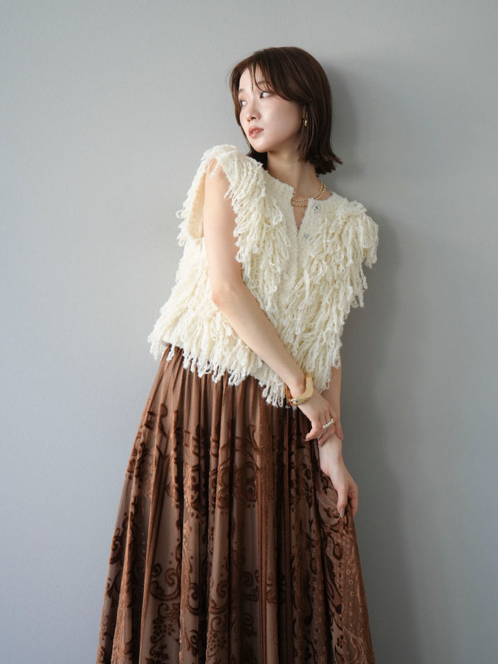 [SET]フリンジループニットベスト+アンティーク柄フロッキーマキシスカート(2set)
