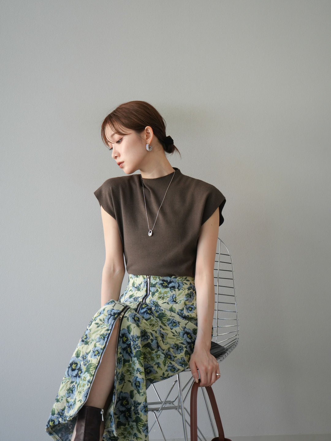 [予約]プチネックフレンチニットトップス/ブラウン