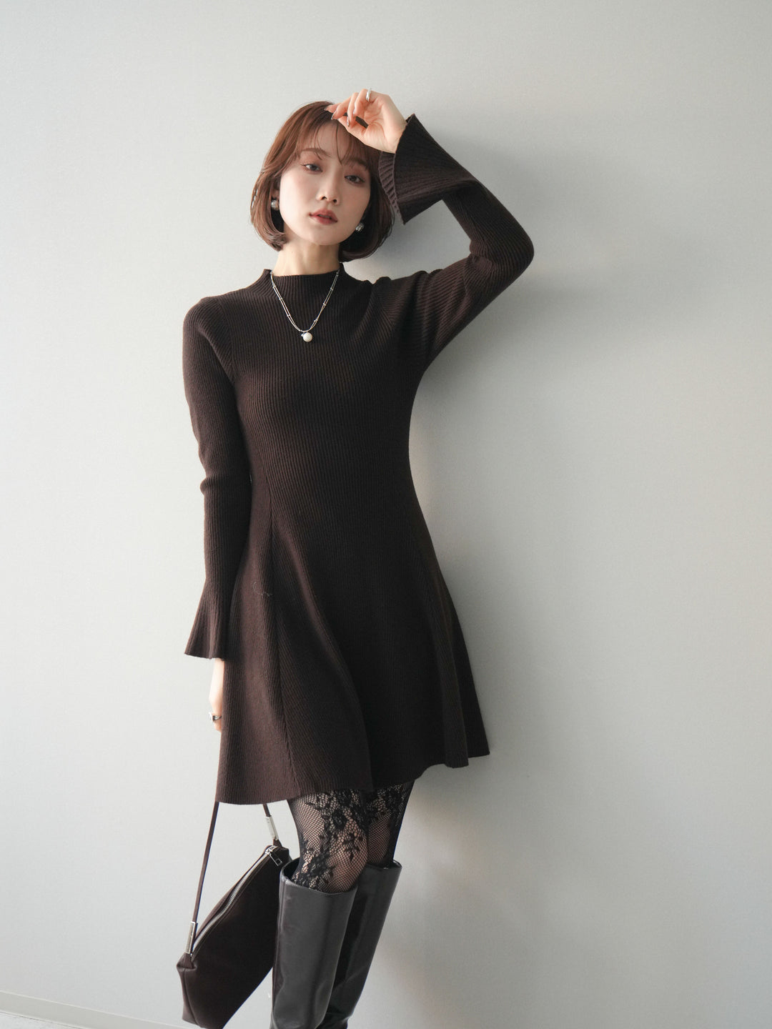 [予約]フレアリブニットミニワンピース/brown