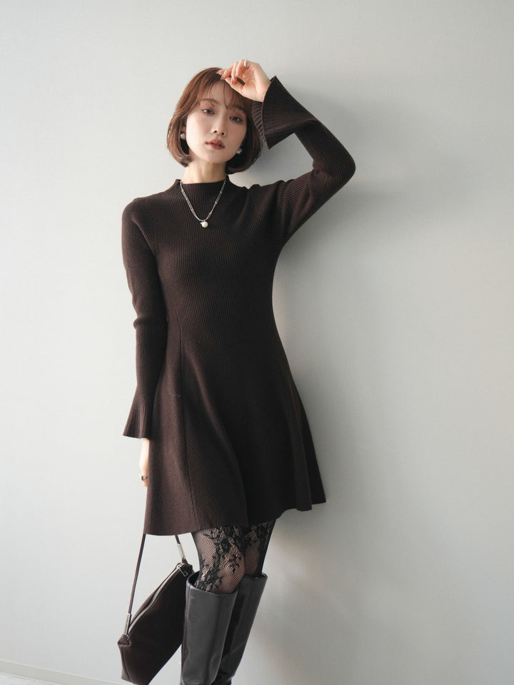 [予約]フレアリブニットミニワンピース/brown