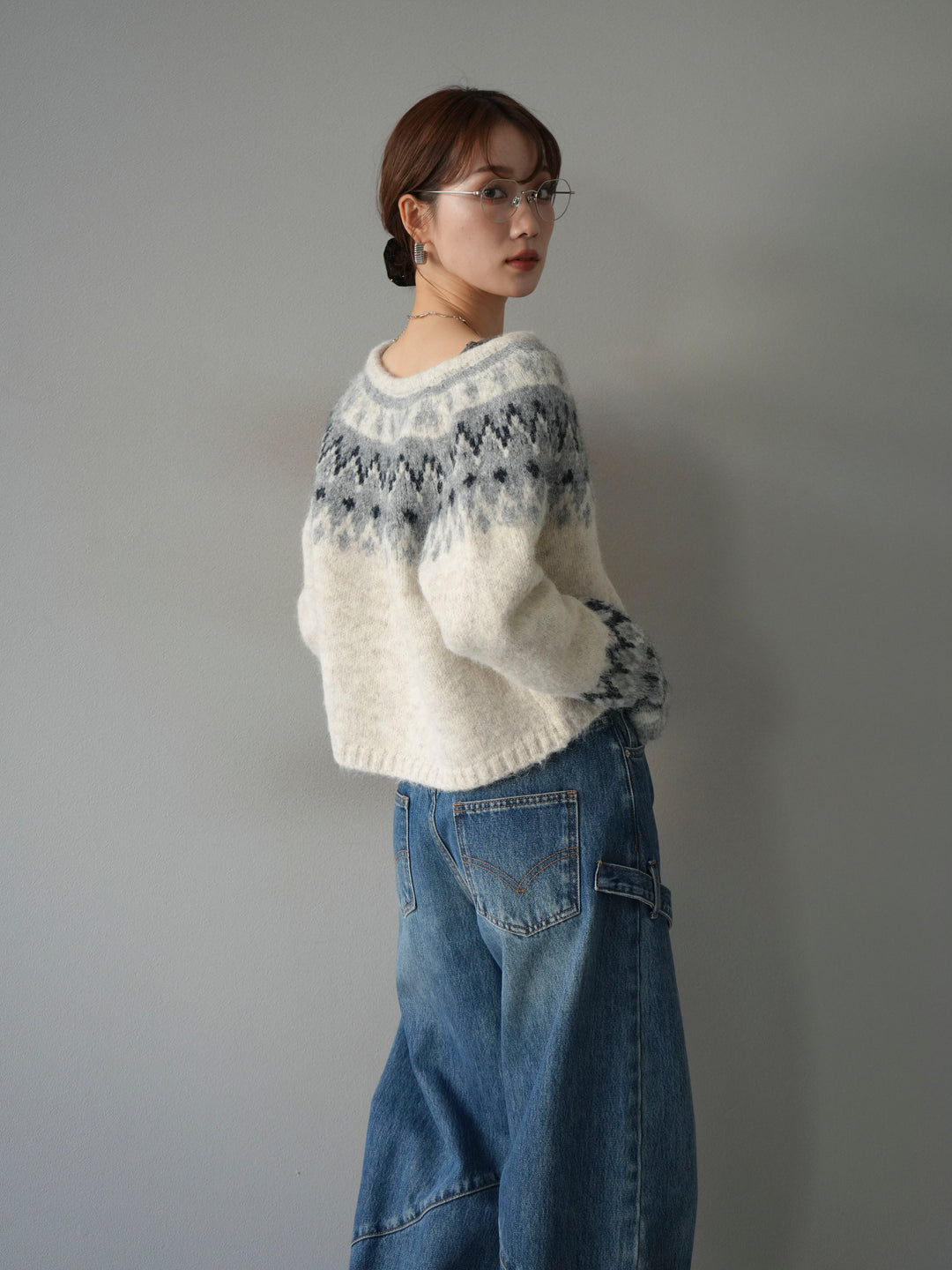 【着回しセット】[SET]求心柄クロップドニットカーディガン+ミックスヤーンペイズリー柄ニットカーディガン+ペインターカーブデニムパンツ(3set)