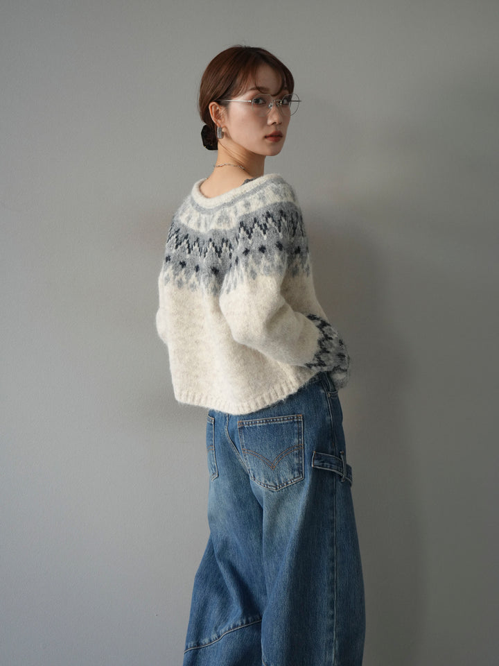 【着回しセット】[SET]求心柄クロップドニットカーディガン+ミックスヤーンペイズリー柄ニットカーディガン+ペインターカーブデニムパンツ(3set)