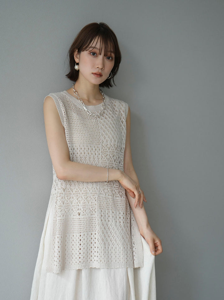 [Pre-order] Openwork side slit knit top/ivory