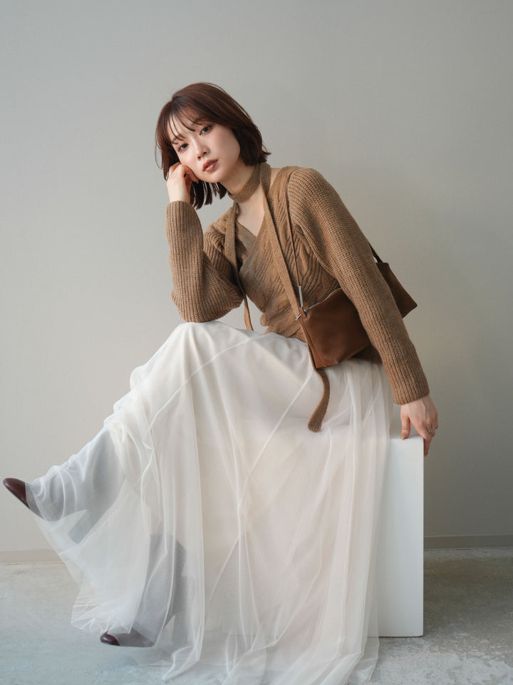 [予約]ケーブル編みクロスニットトップス/camel