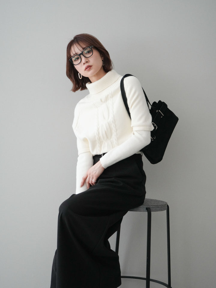 [予約]ケーブル編みタートルハーフスリーブニットアンサンブル/ivory