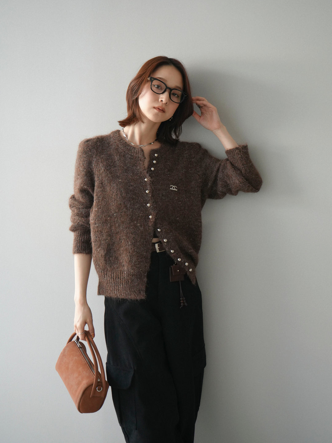 [予約]ブローチ付silverボタンミックスニットカーディガン/brown